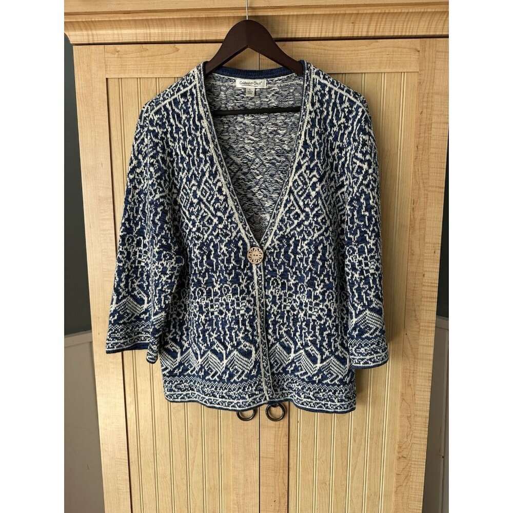 Coldwater Creek Blue/ White Geometric Weave One Wooden Button Cardigan Sz Xl - Picture 2 of 7